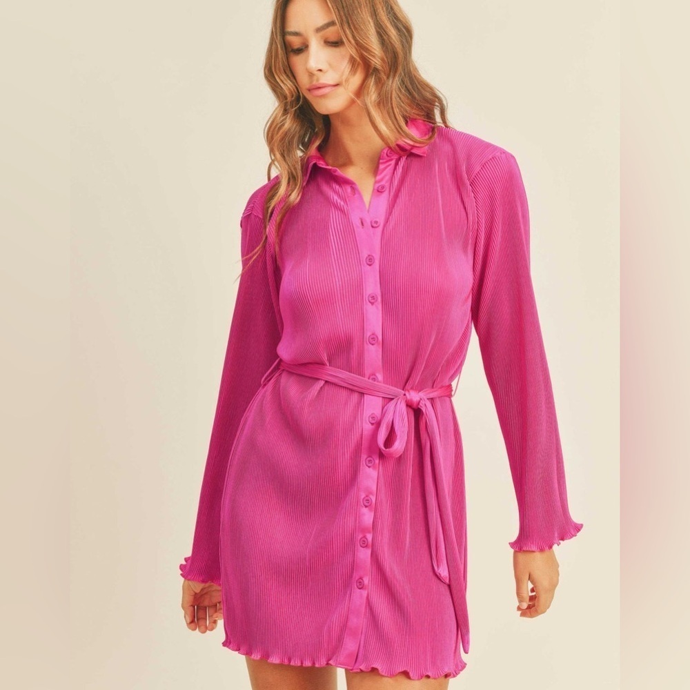 Peppermayo Pink Pleated Button Down Long Sleeve Flirty Mini Dress - Size 0